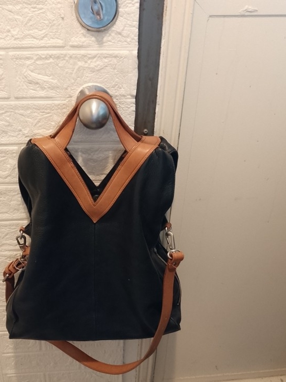 Christopher Kon Leather Convertible Sling Backpack Black & Brown
